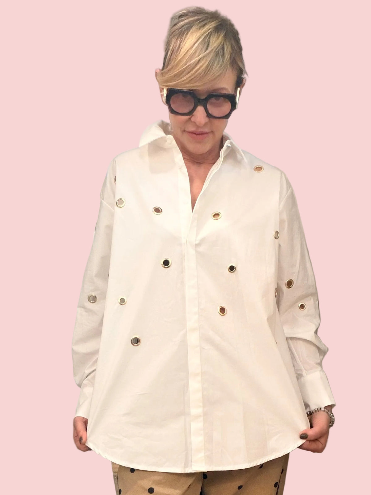 Camicia Bianca Oversize Eyelet Dettagli Metallici