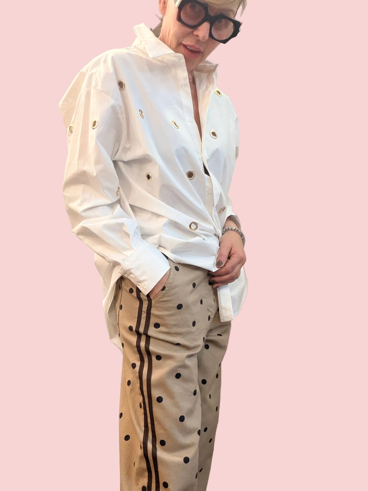 Jeans a Pois Beige con Bande Laterali