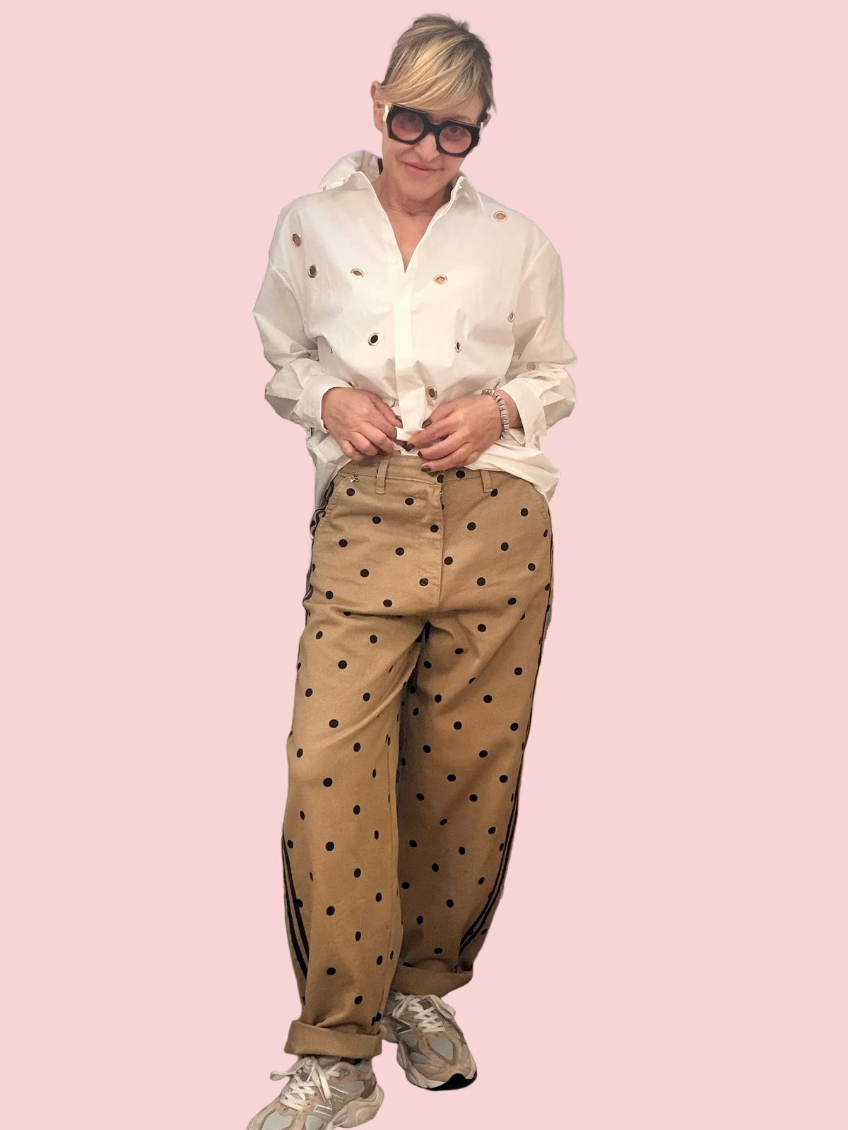 Jeans a Pois Beige con Bande Laterali