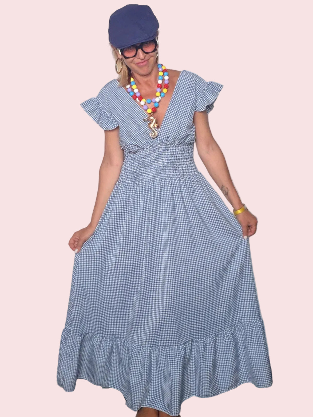 Abito Maxi Vichy con Scollo a V e Volant — Blu/Bianco e Nero/Bianco