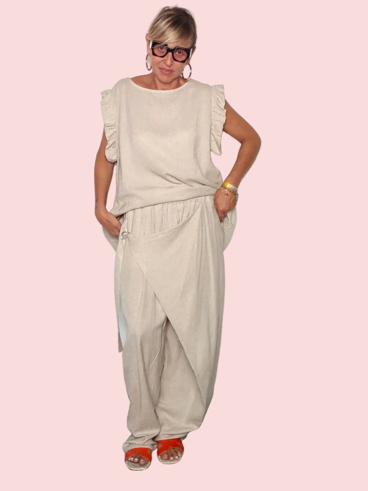 Pantalone Palazzo Lino Sabbia — Drappeggio Incrociato