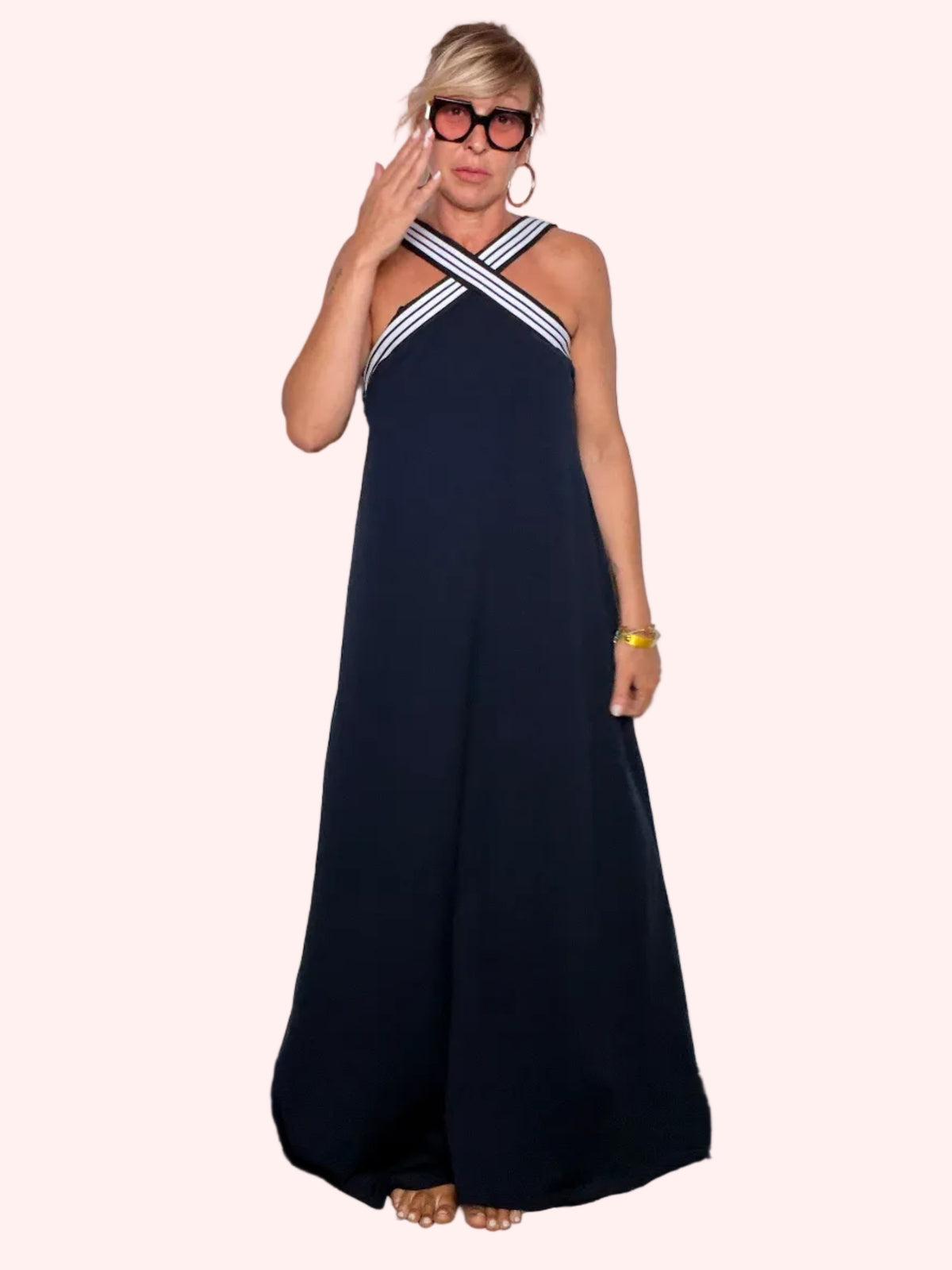 Abito maxi navy bretelle incrociate righe - vista frontale