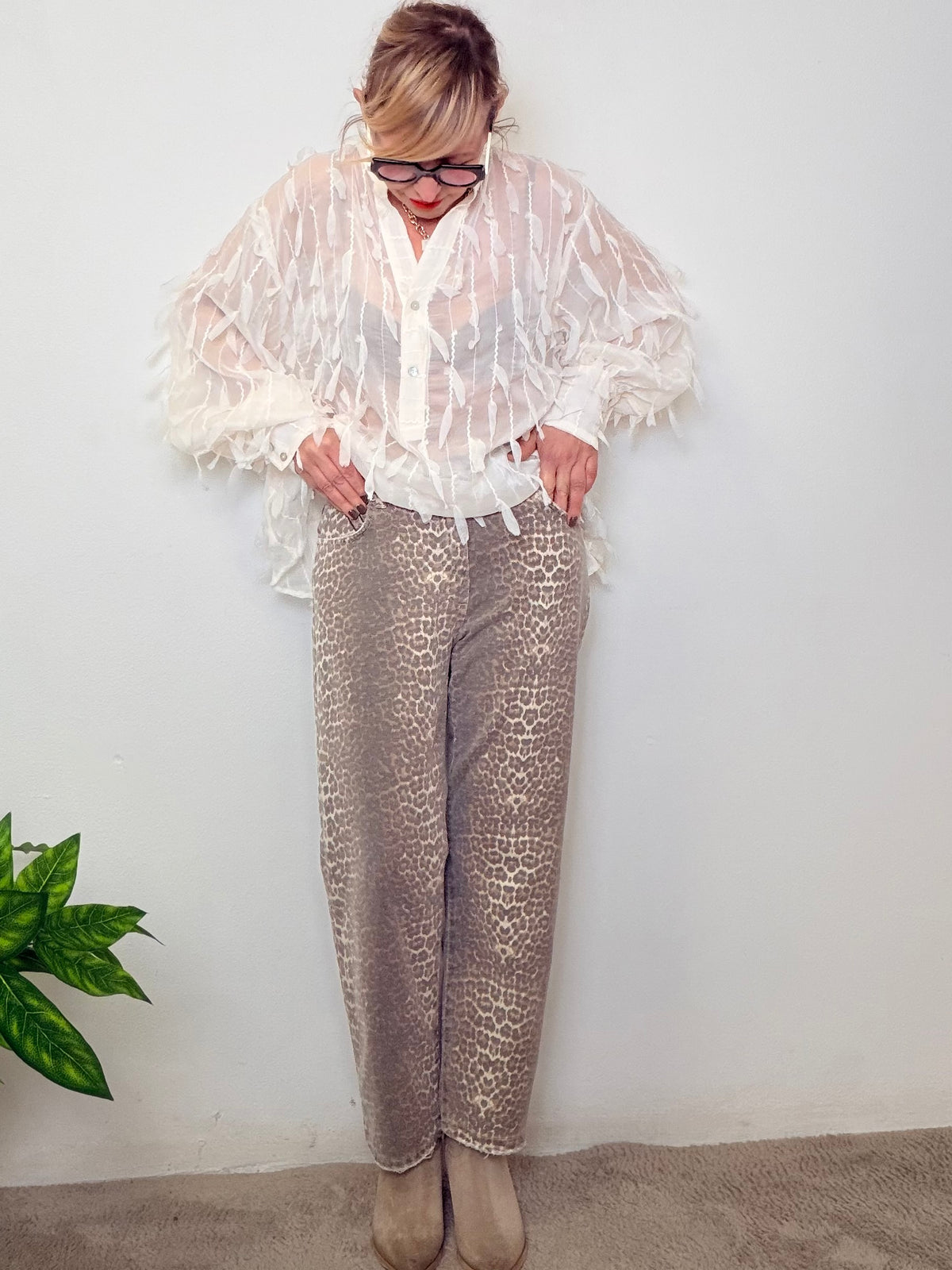 Jeans Animalier Gamba Dritta con Frangetta