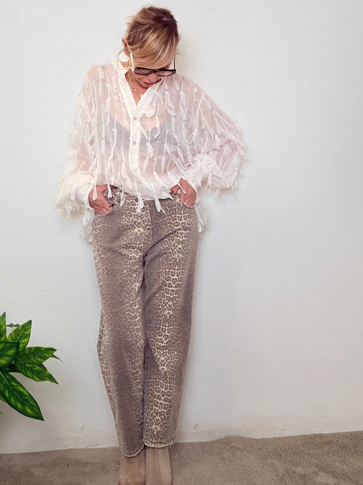 Jeans Animalier Gamba Dritta con Frangetta