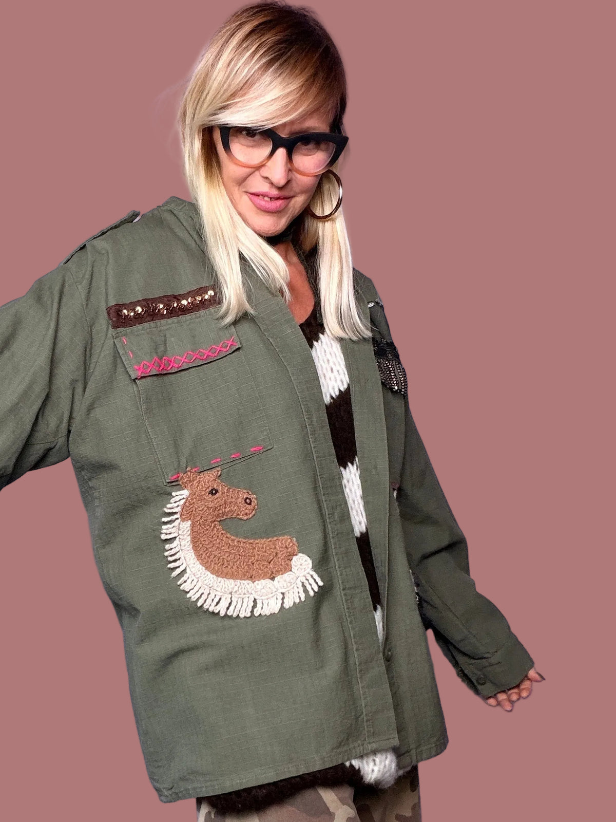 Giacca camicia verde militare vintage con cavallo e leone Female