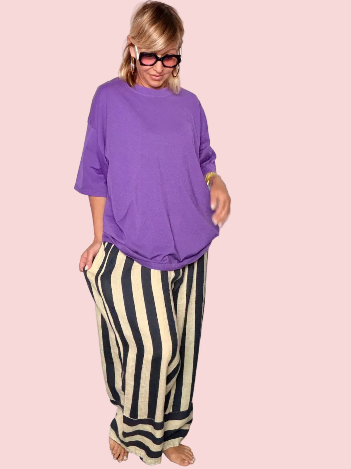 Pantalone lino a righe marrone beige - vista frontale