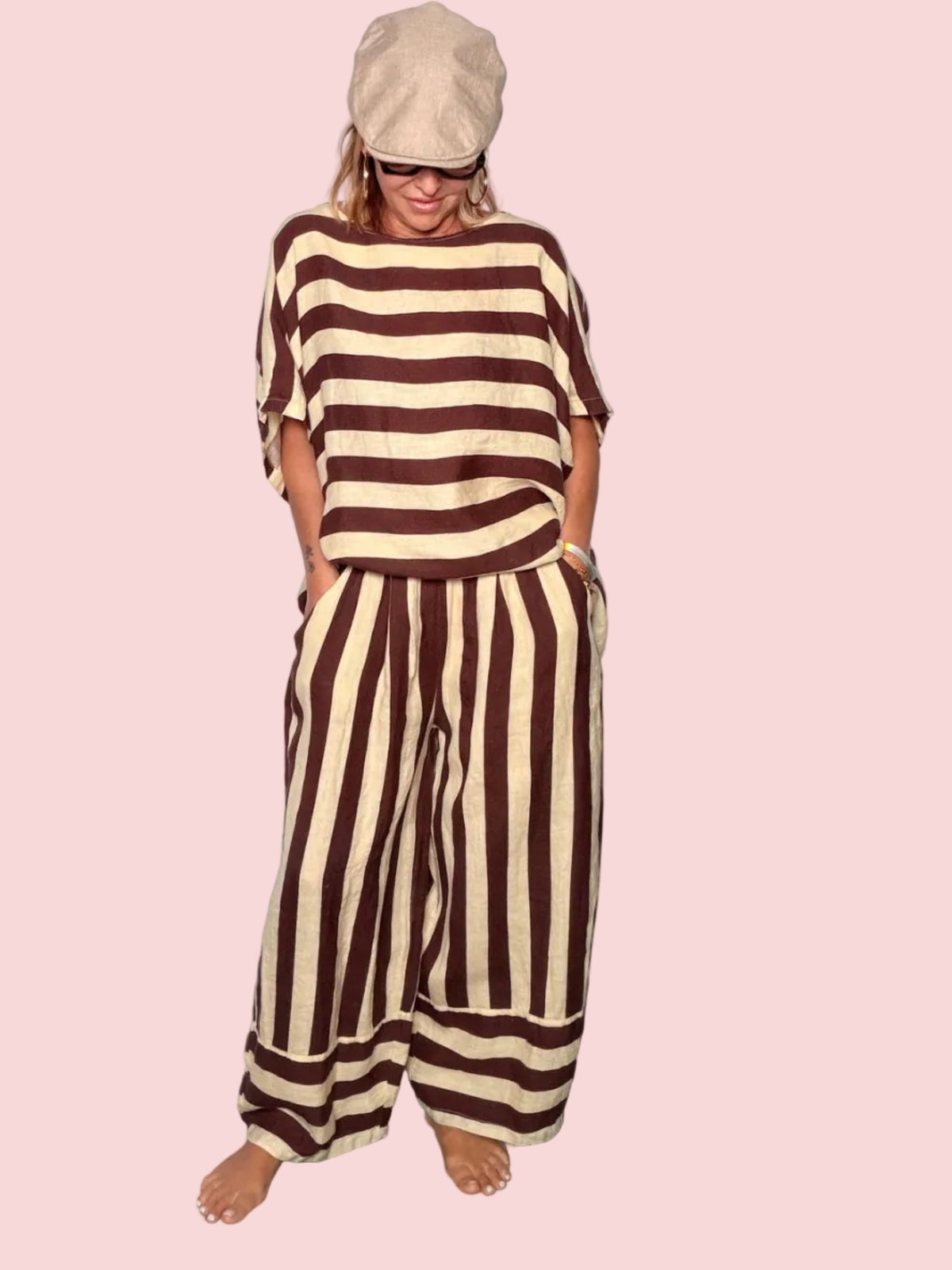 Pantalone lino a righe marrone beige - total look con top coordinato