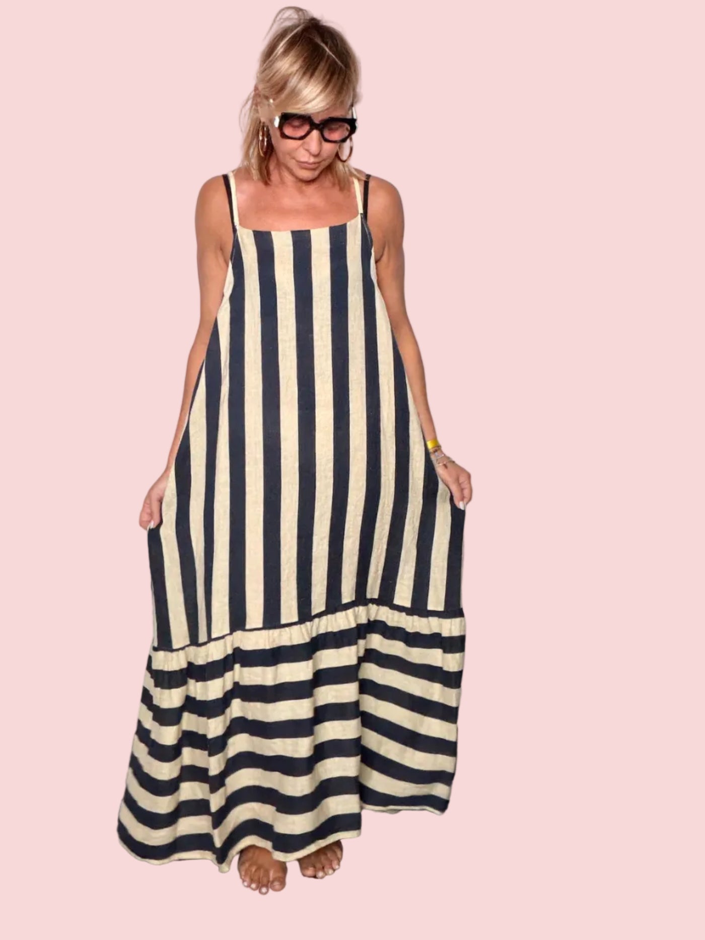 Abito maxi lino a righe nero beige - vista frontale