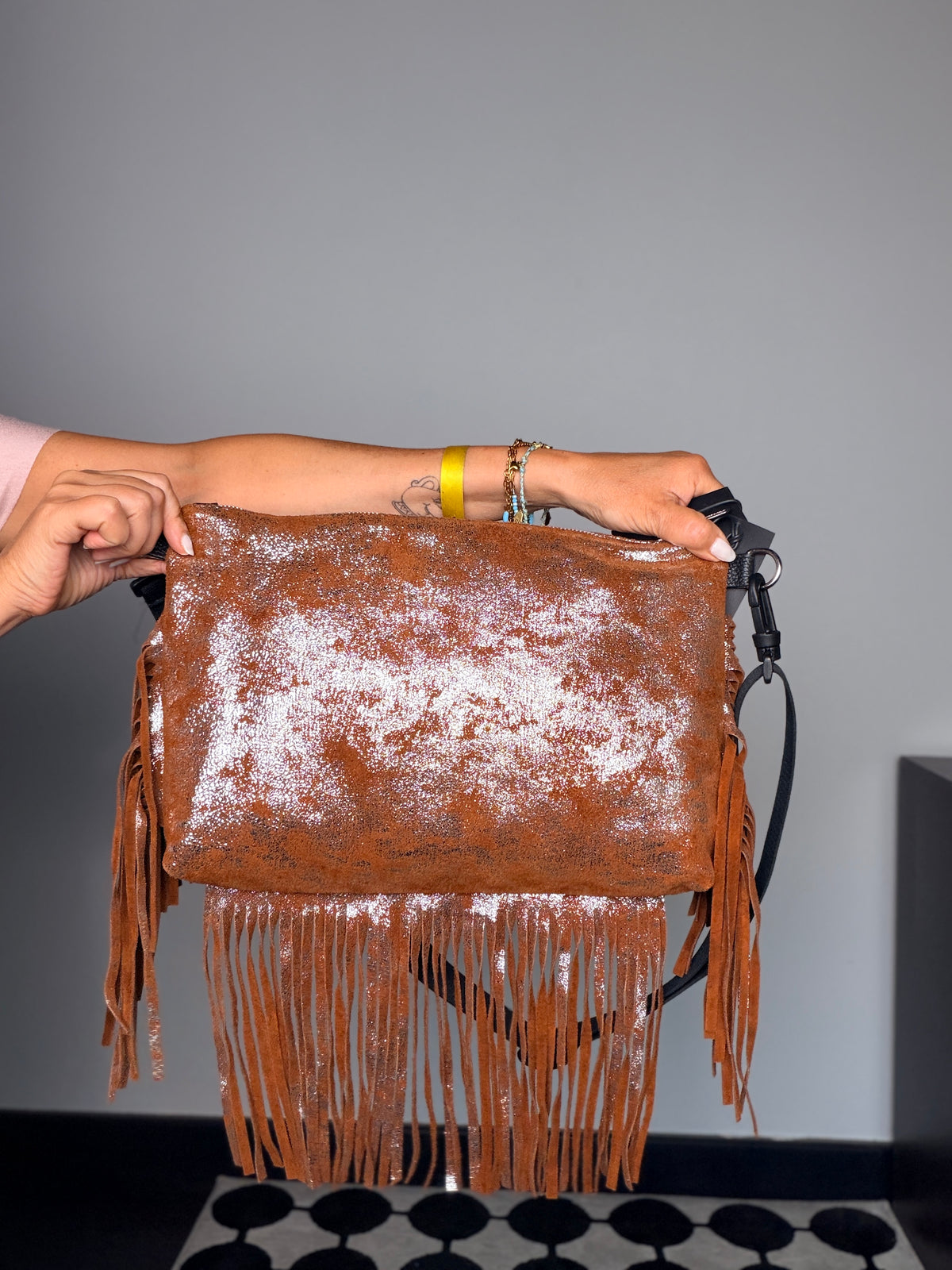 Borsa Frange Glitter Cognac