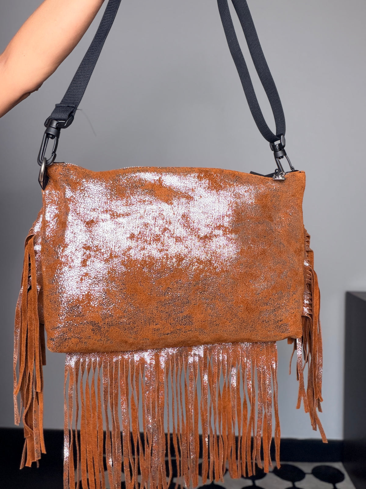 Borsa Frange Glitter Cognac