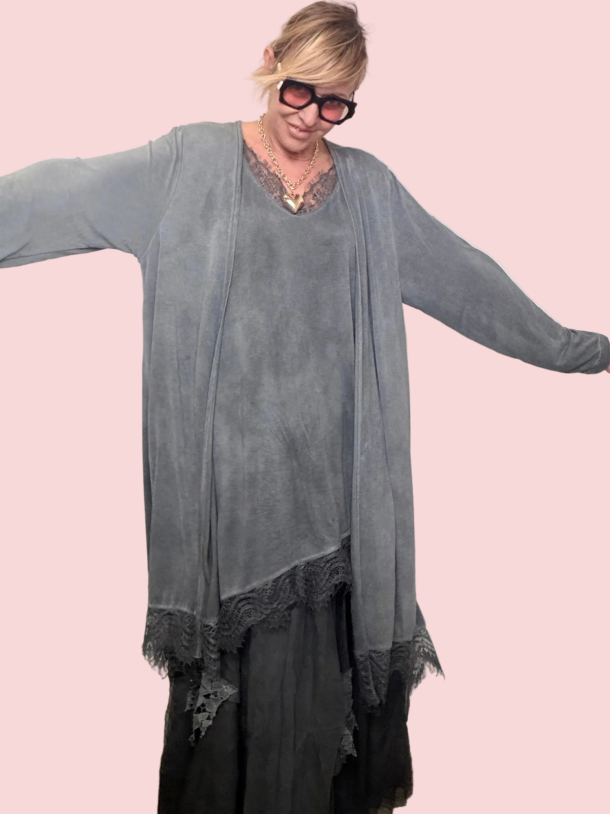 Cardigan Lungo Modal Tinto Capo con Pizzo