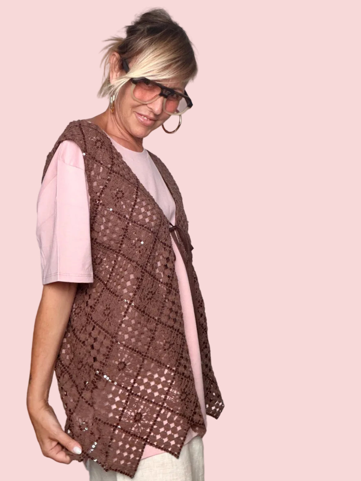 Gilet Crochet Tulle e Paillettes Tabacco