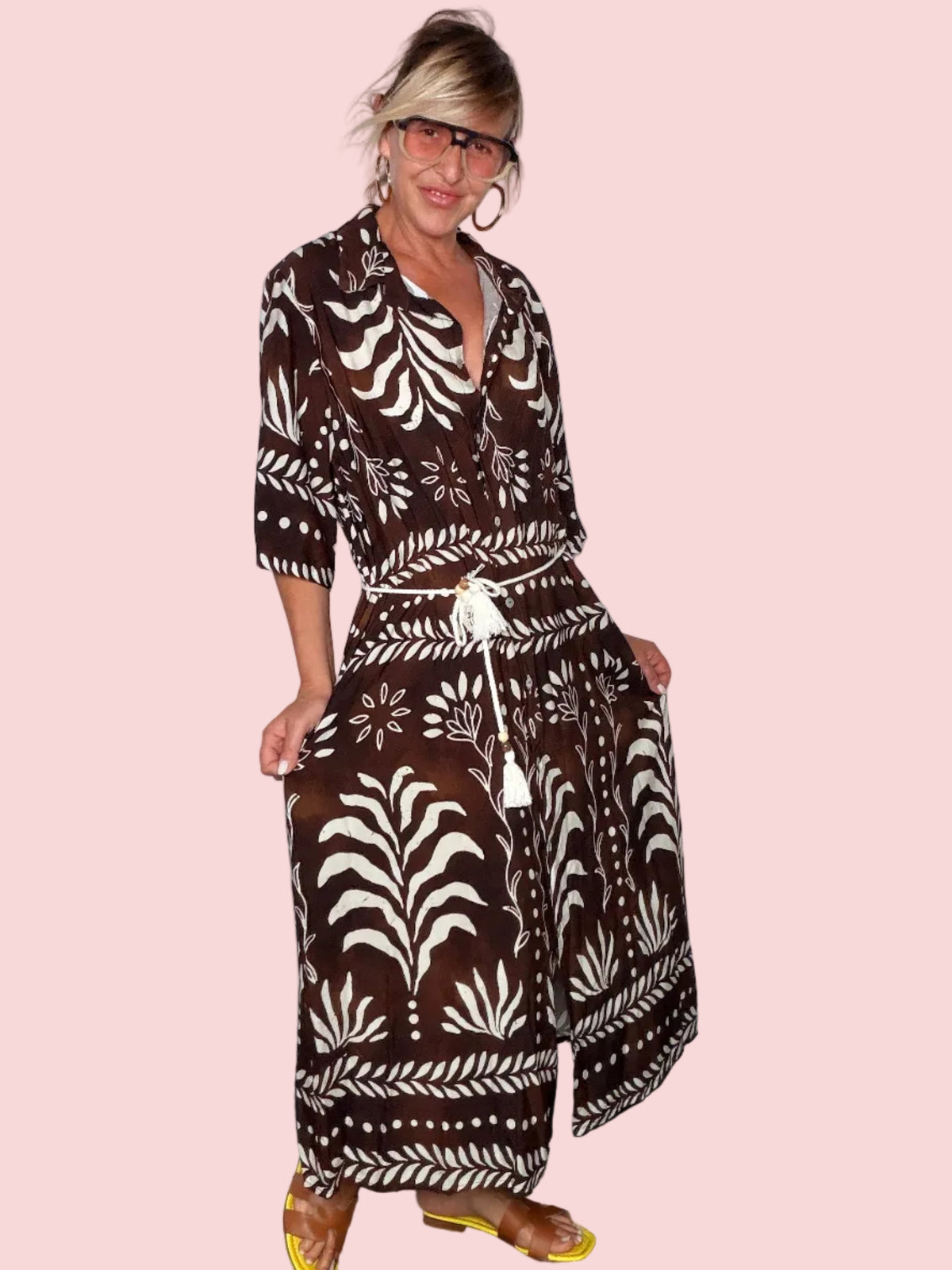 Abito Lungo Stampa Botanica Tropicale — 100% Viscosa