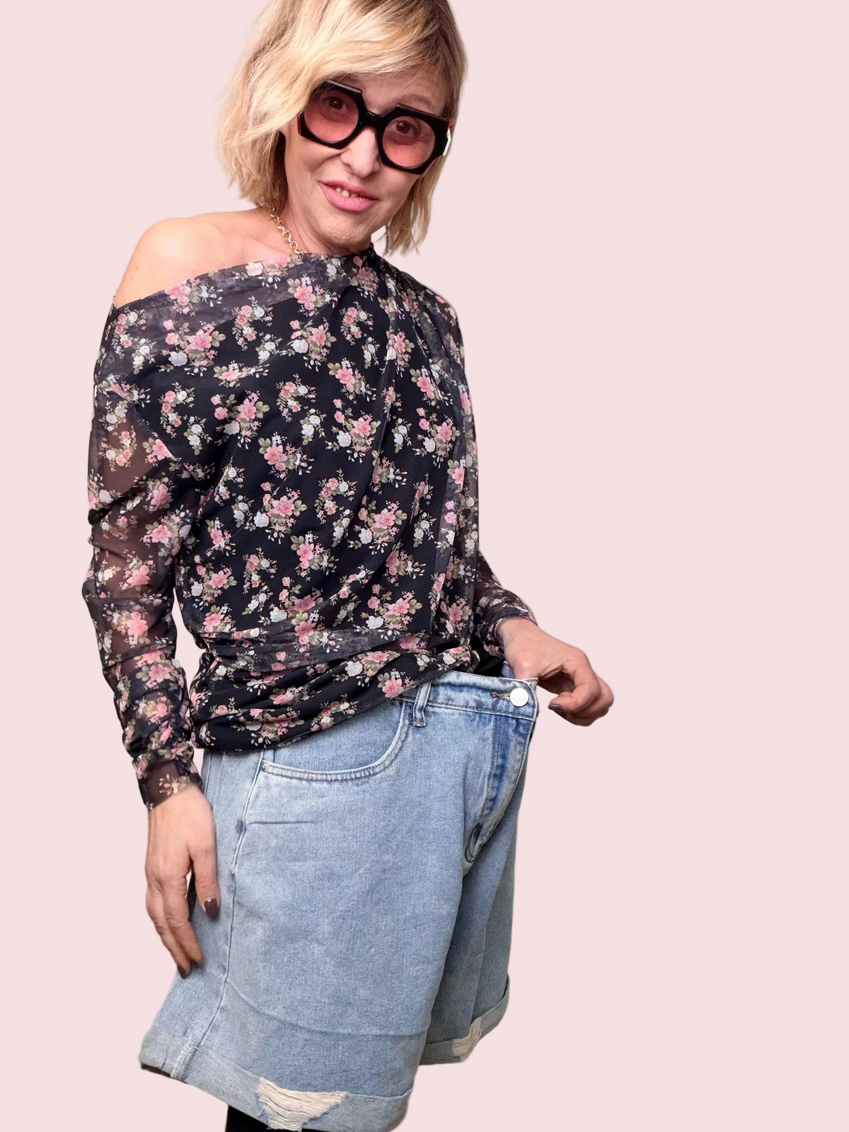 Bermuda Jeans Denim Chiaro Over con Strappi