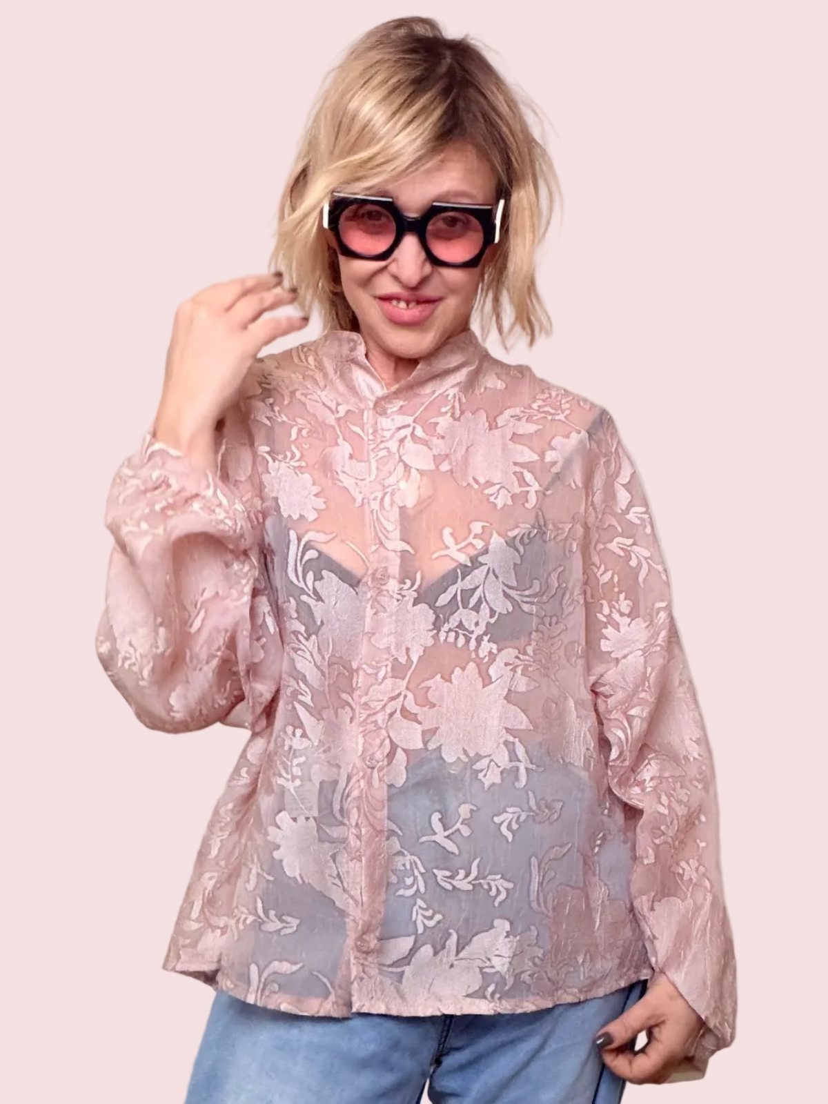 Camicia Over Jacquard Floreale Rosa Cipria
