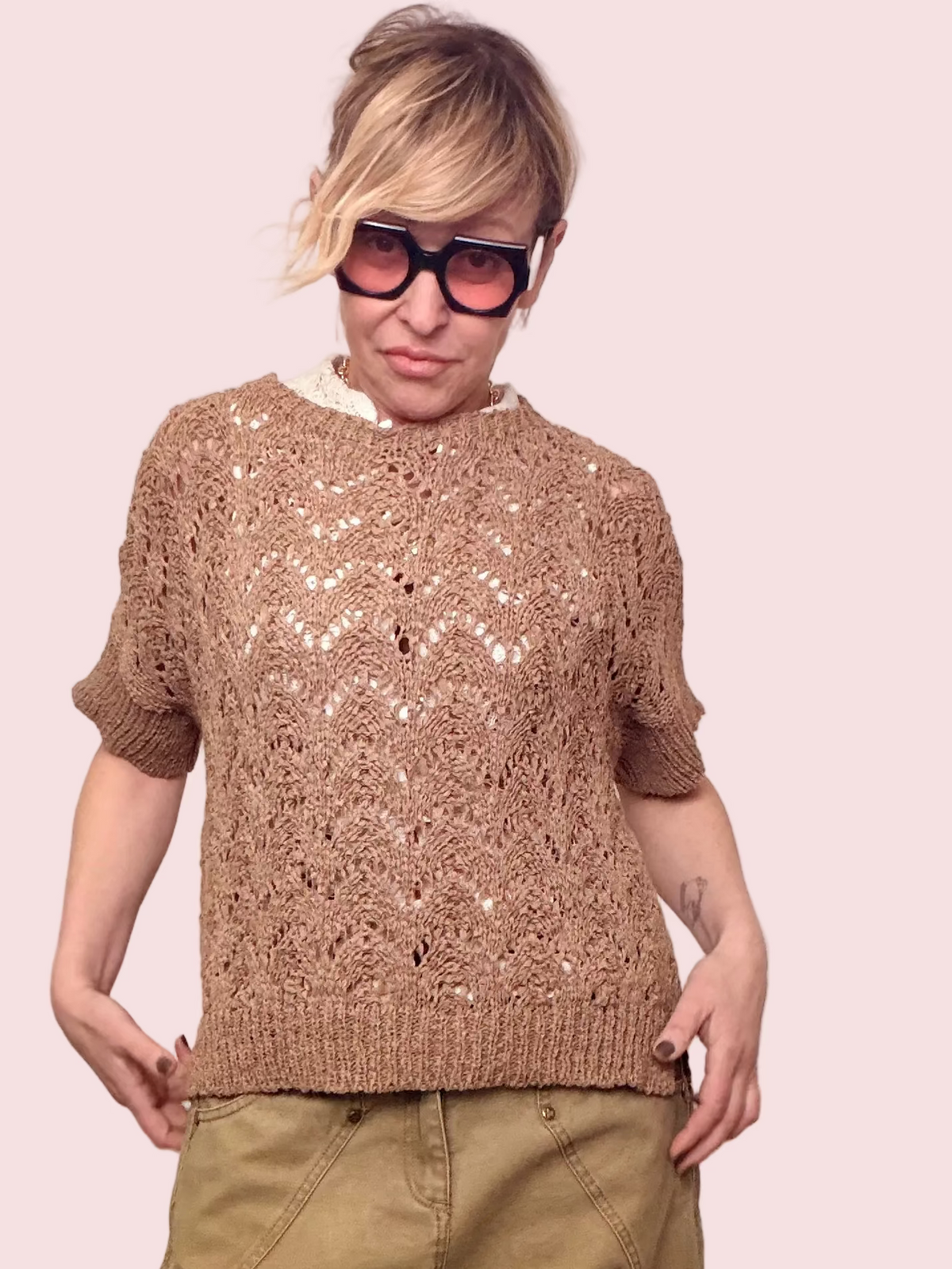 Maglia Fettuccia Traforata Camel