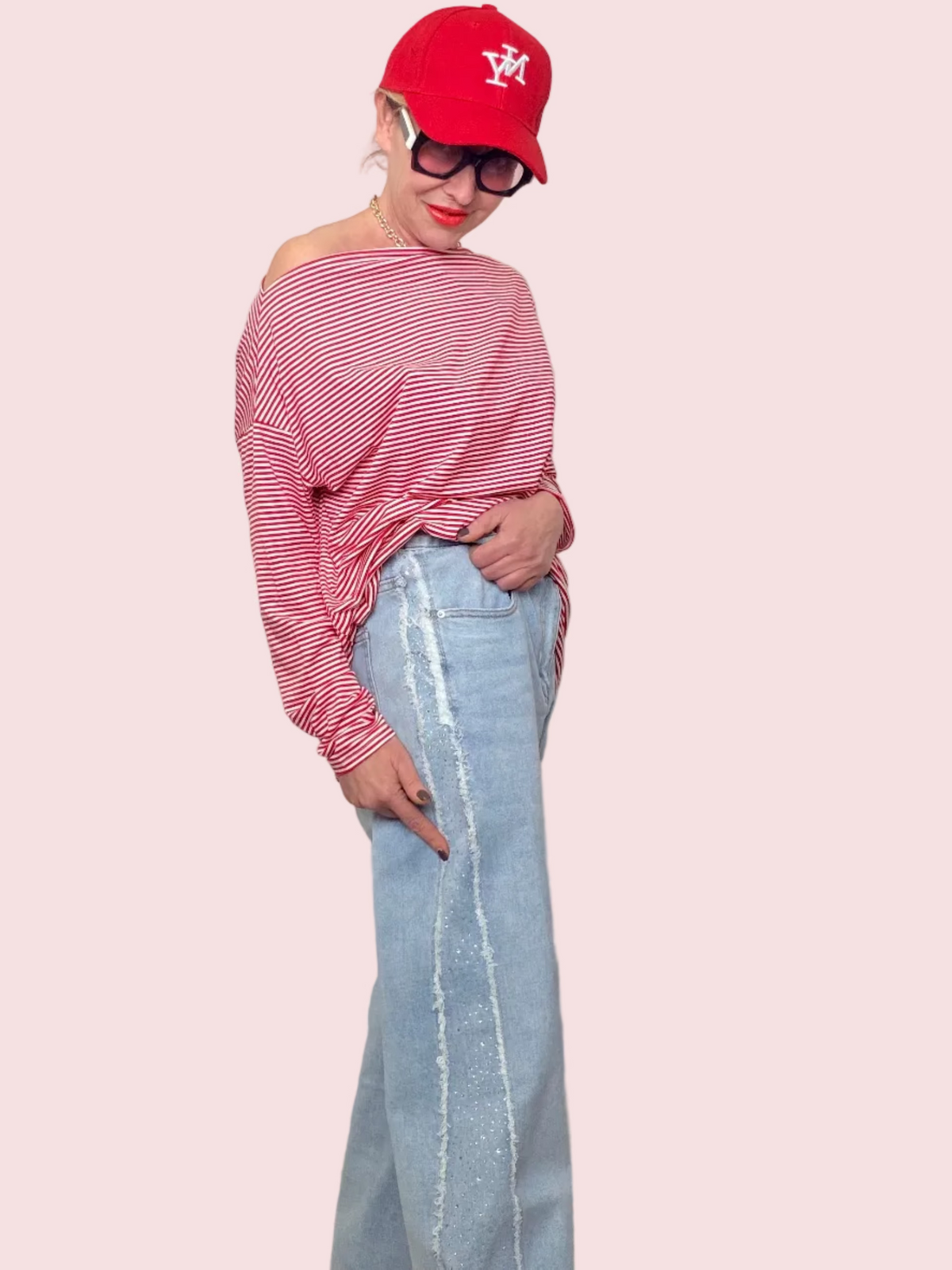 Jeans Wide Leg con Banda Laterale Strass