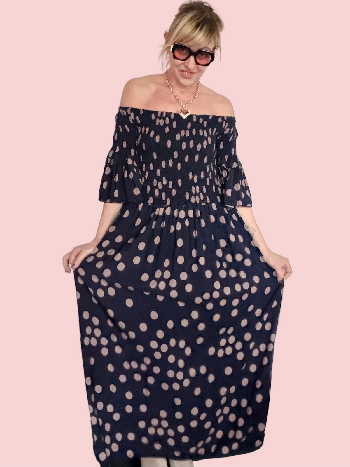 Abito Maxi Pois Off-Shoulder