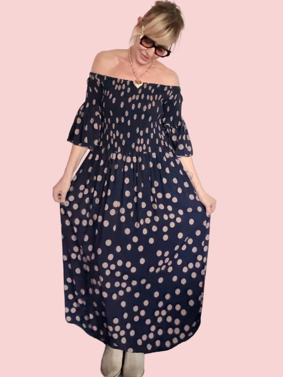 Abito Maxi Pois Off-Shoulder