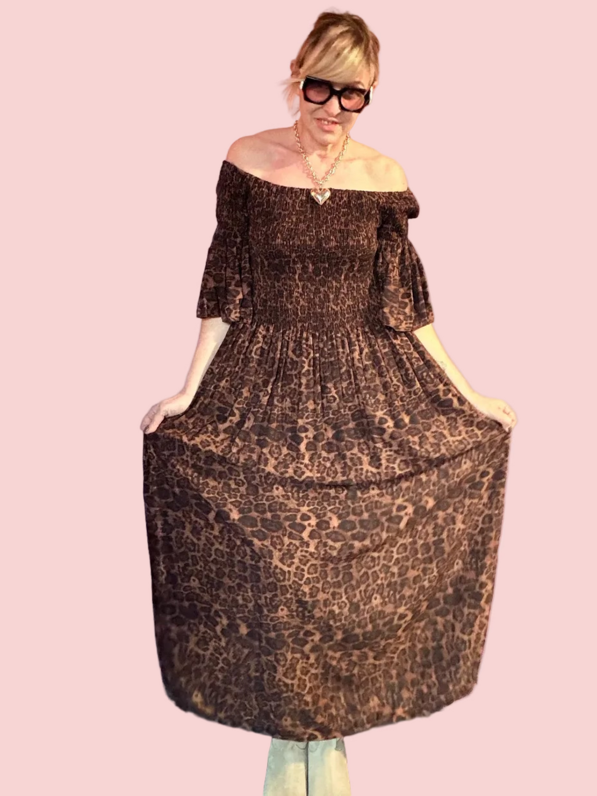 Abito Maxi Leopardato Off-Shoulder Smock