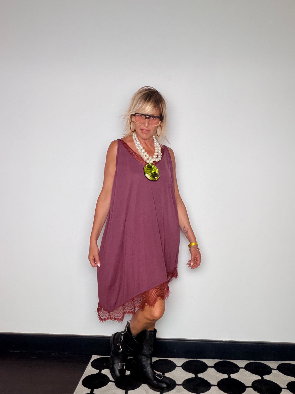 Abito Trapezio in Viscosa con Pizzo Bordeaux