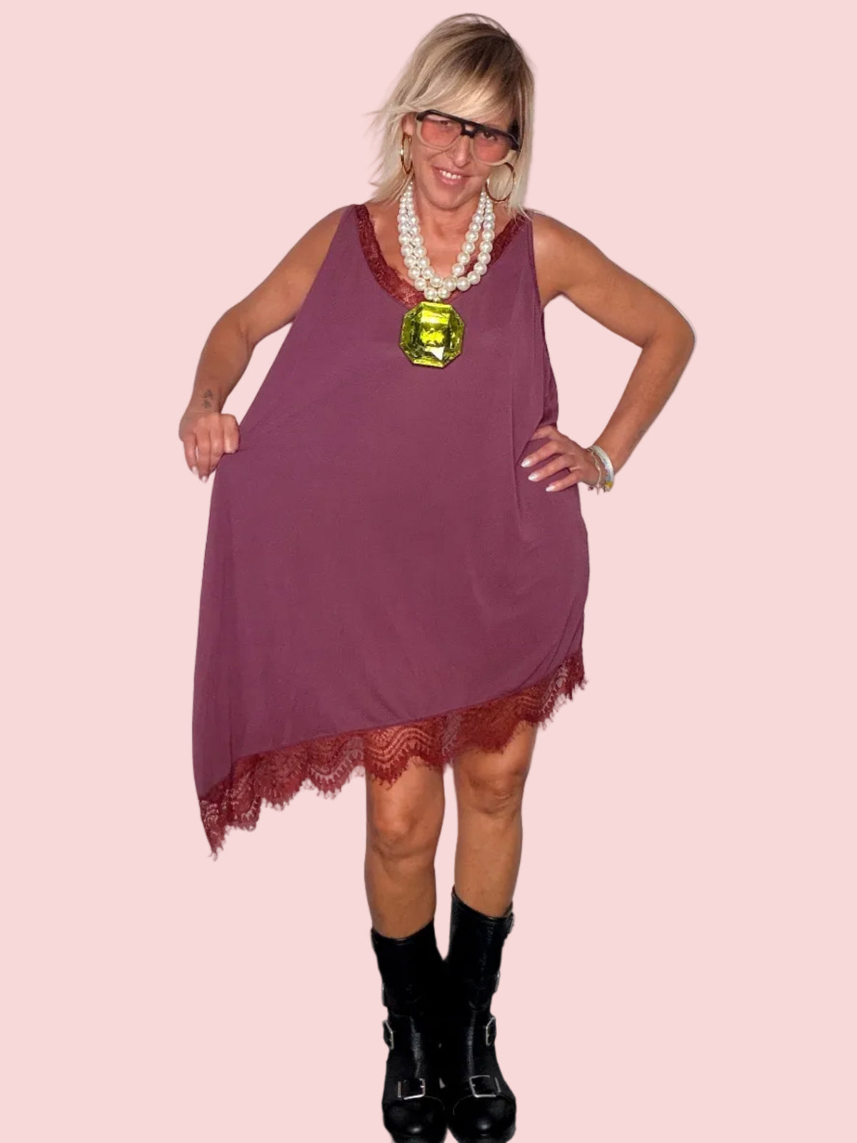Abito Trapezio in Viscosa con Pizzo Bordeaux