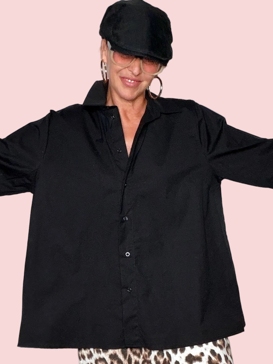 Camicia Oversize Nera in Cotone con Maniche Lunghe