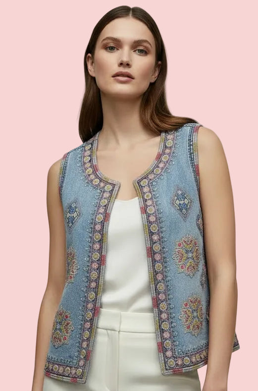 Gilet Denim con Ricami e Borchie Etnici