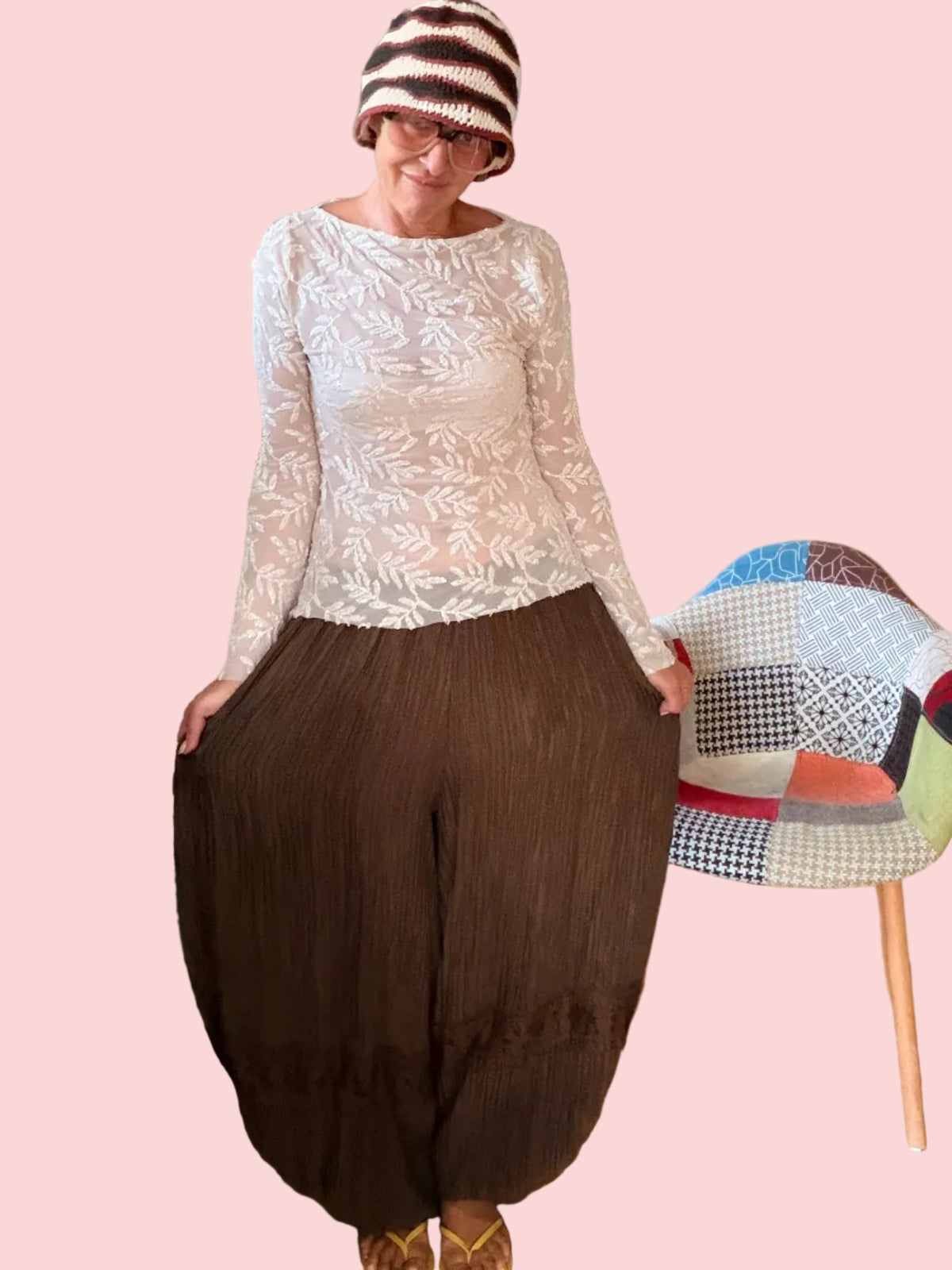 Pantalone Harem in Plissé con Lurex – Bordo in Pizzo