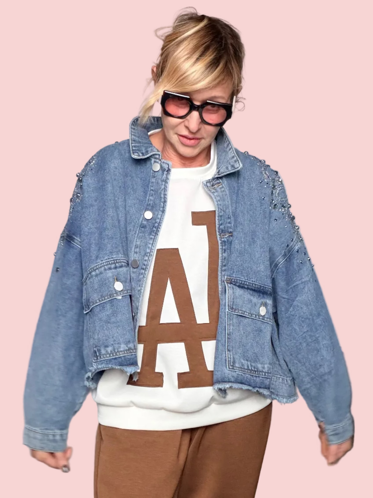 Giacca Jeans Oversize con Borchie e Zirconi