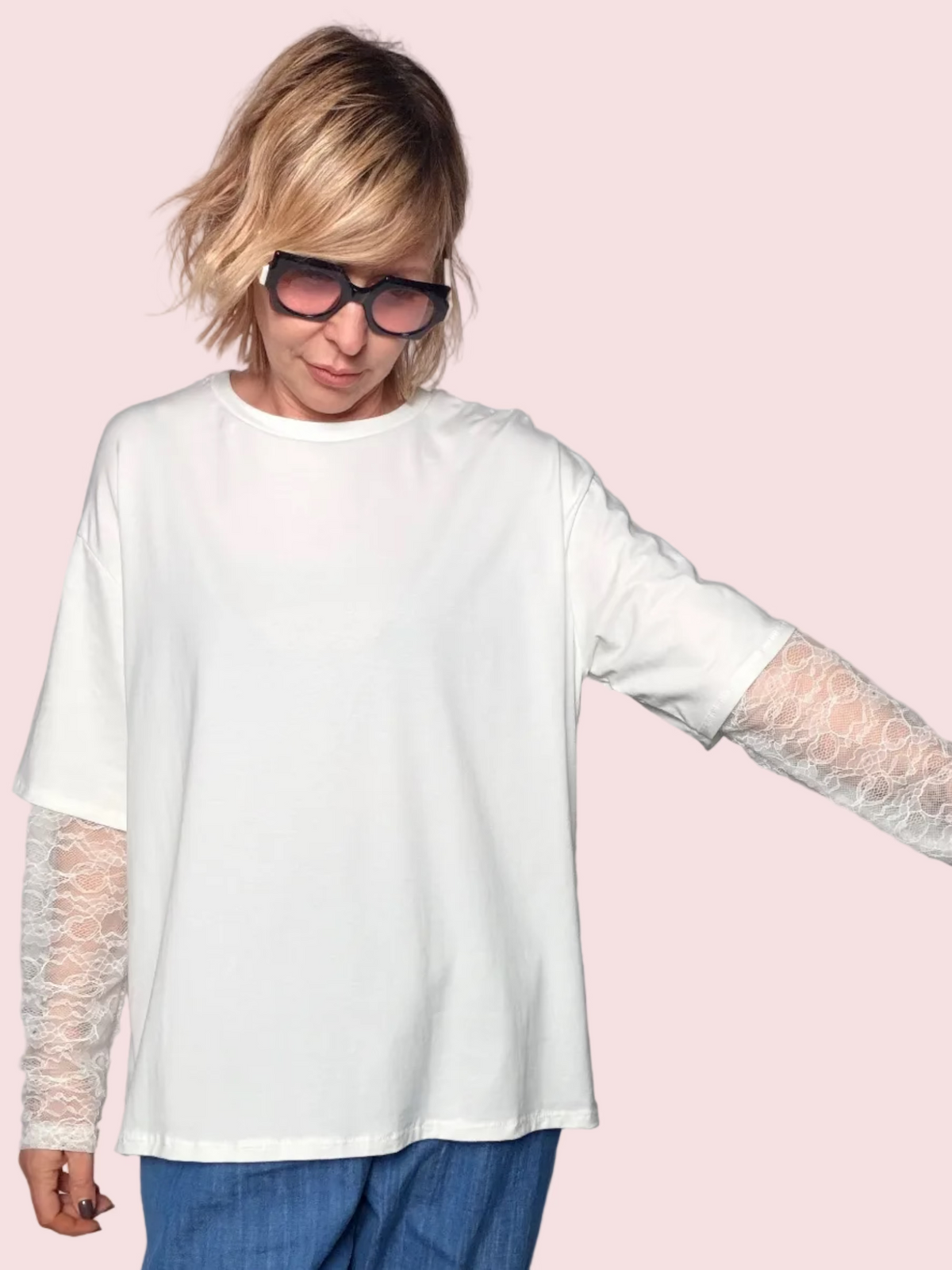 T-Shirt con Maniche in Pizzo