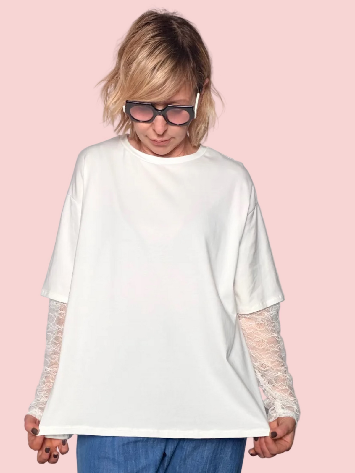 T-Shirt con Maniche in Pizzo