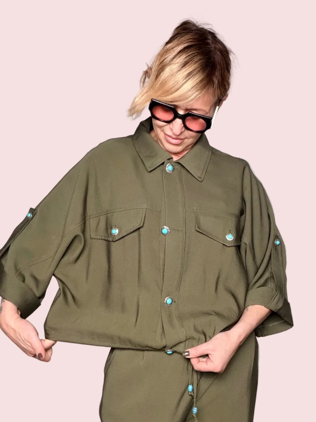 Giacca Camicia Safari con Bottoni Turchese