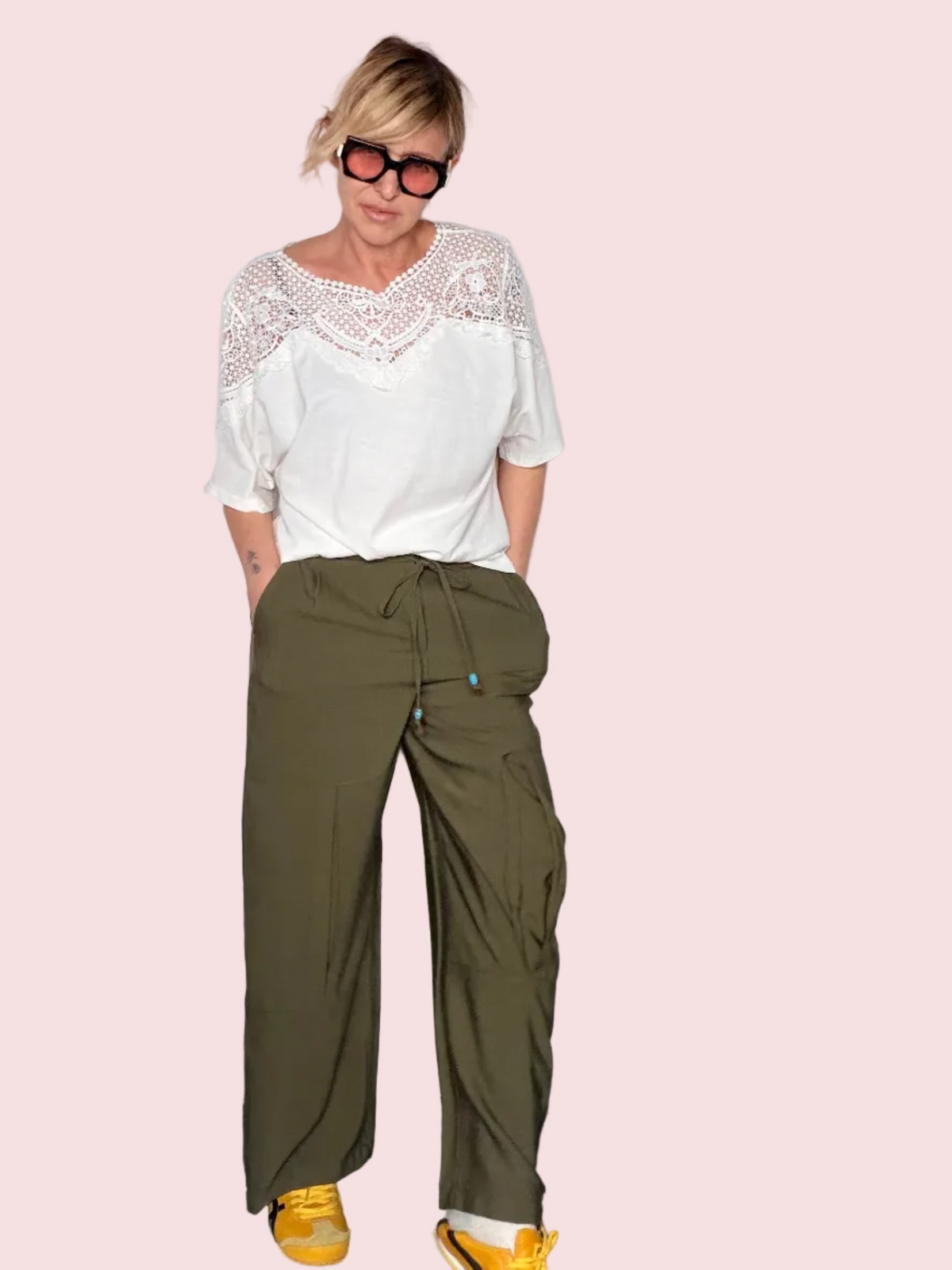 Pantalone Cargo Fluido con Laccetto Turchese