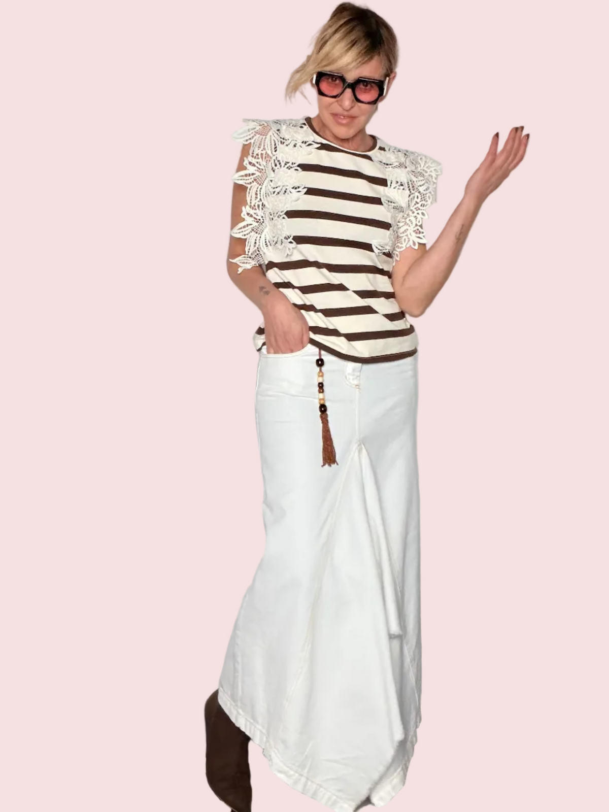 Gonna Jeans Bianca con Drappeggio Asimmetrico