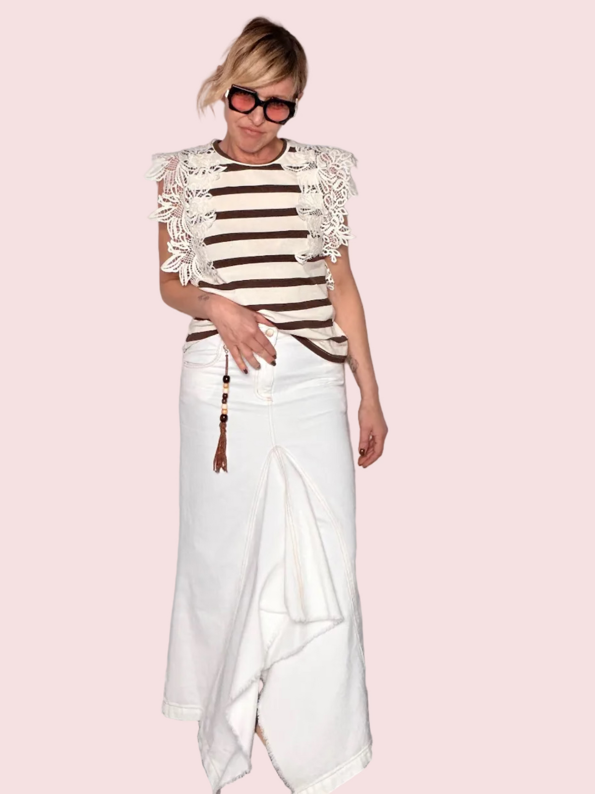 Gonna Jeans Bianca con Drappeggio Asimmetrico