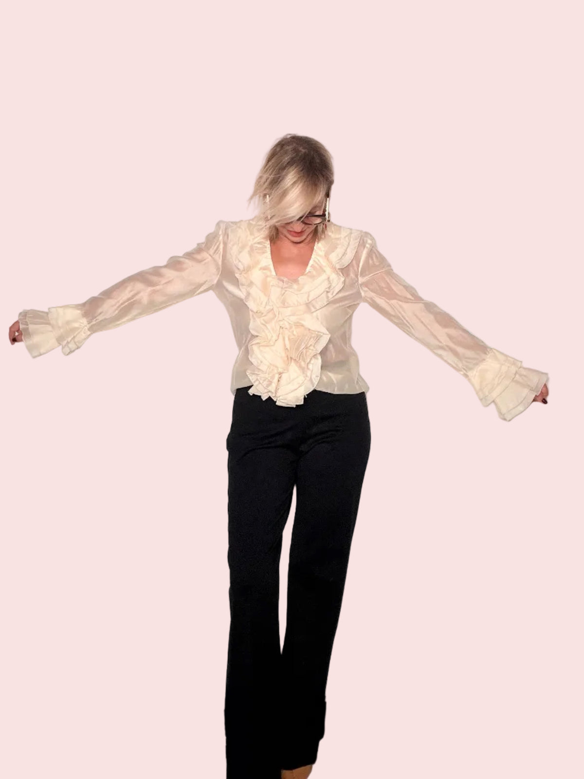 Camicia Organza Panna Jabot Volant Cascata