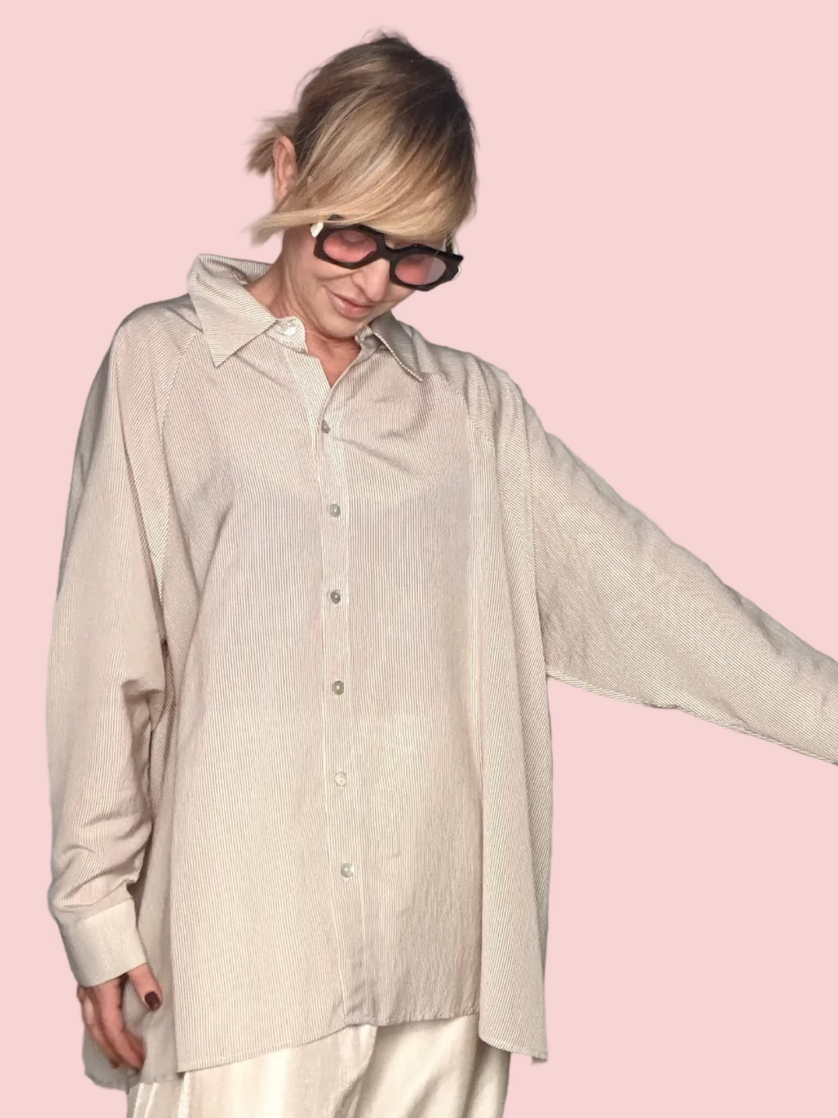 Camicia Over a Righe con Inserto in Pizzo