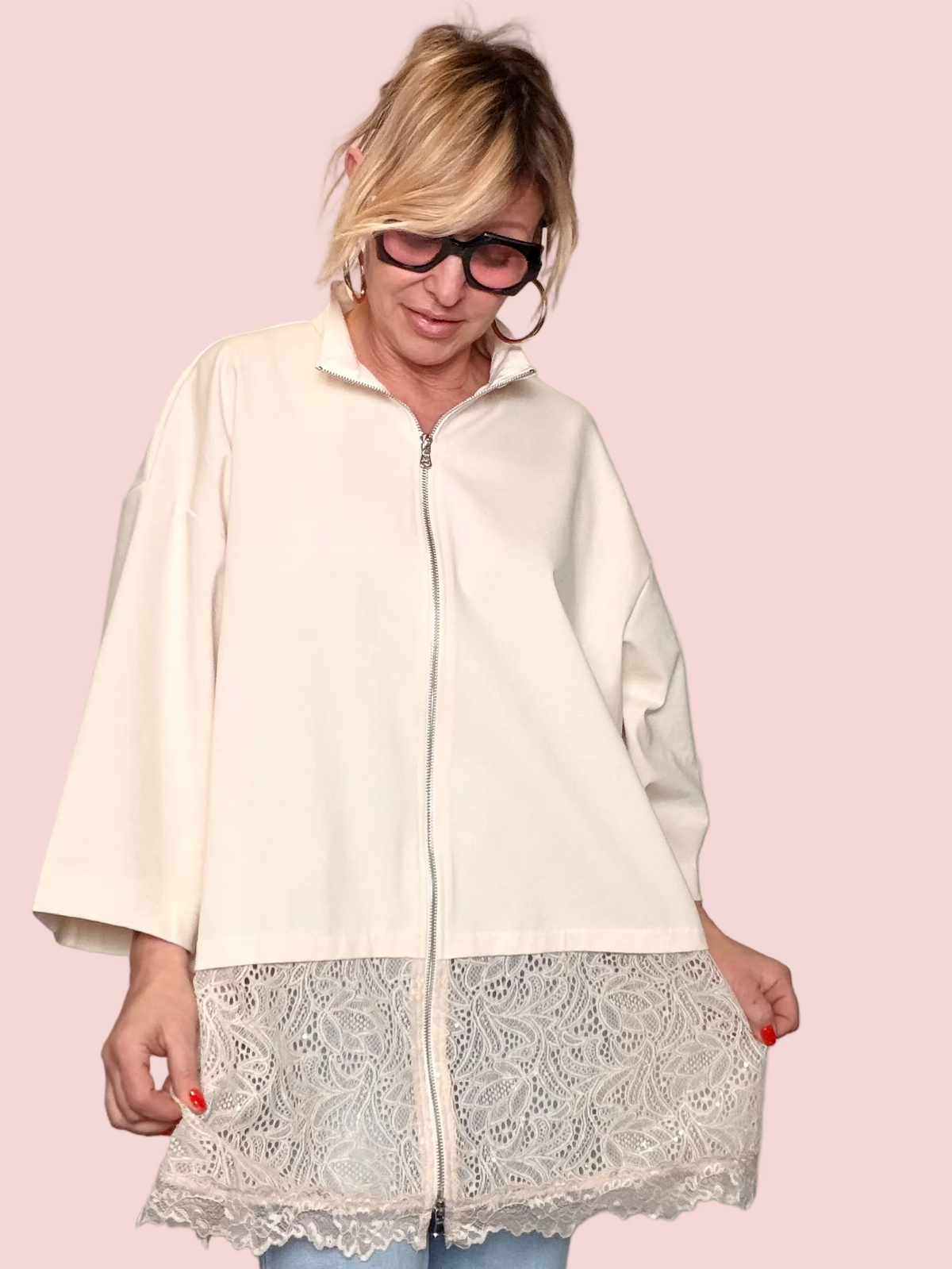 Giacca Oversize con Inserto in Pizzo