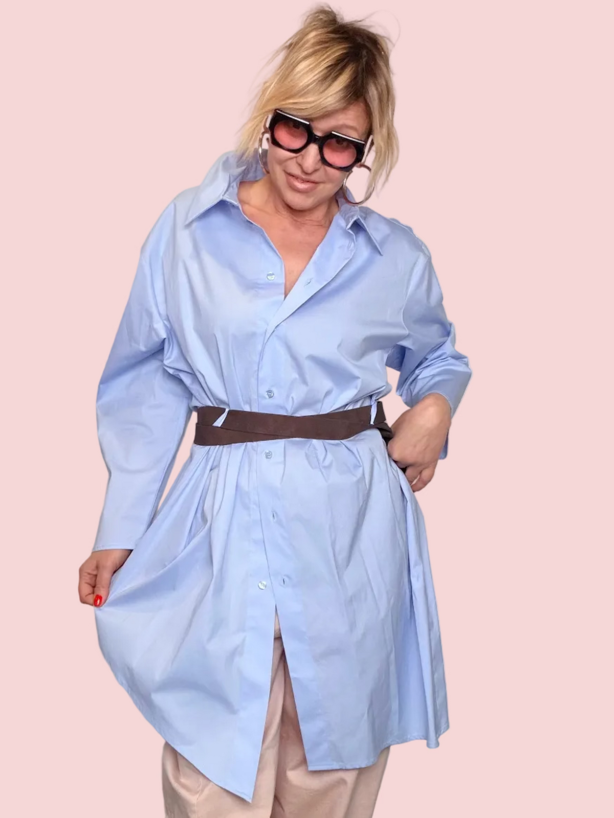 Camicia Lunga Asimmetrica in Cotone Azzurro con Cintura