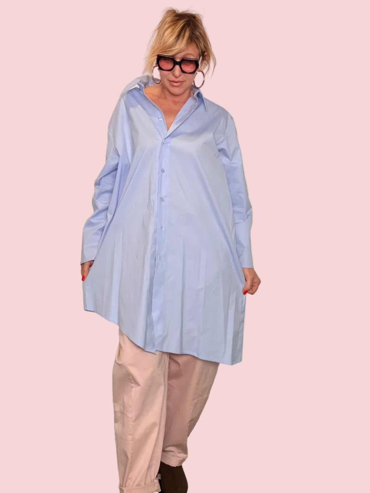 Camicia Lunga Asimmetrica in Cotone Azzurro con Cintura