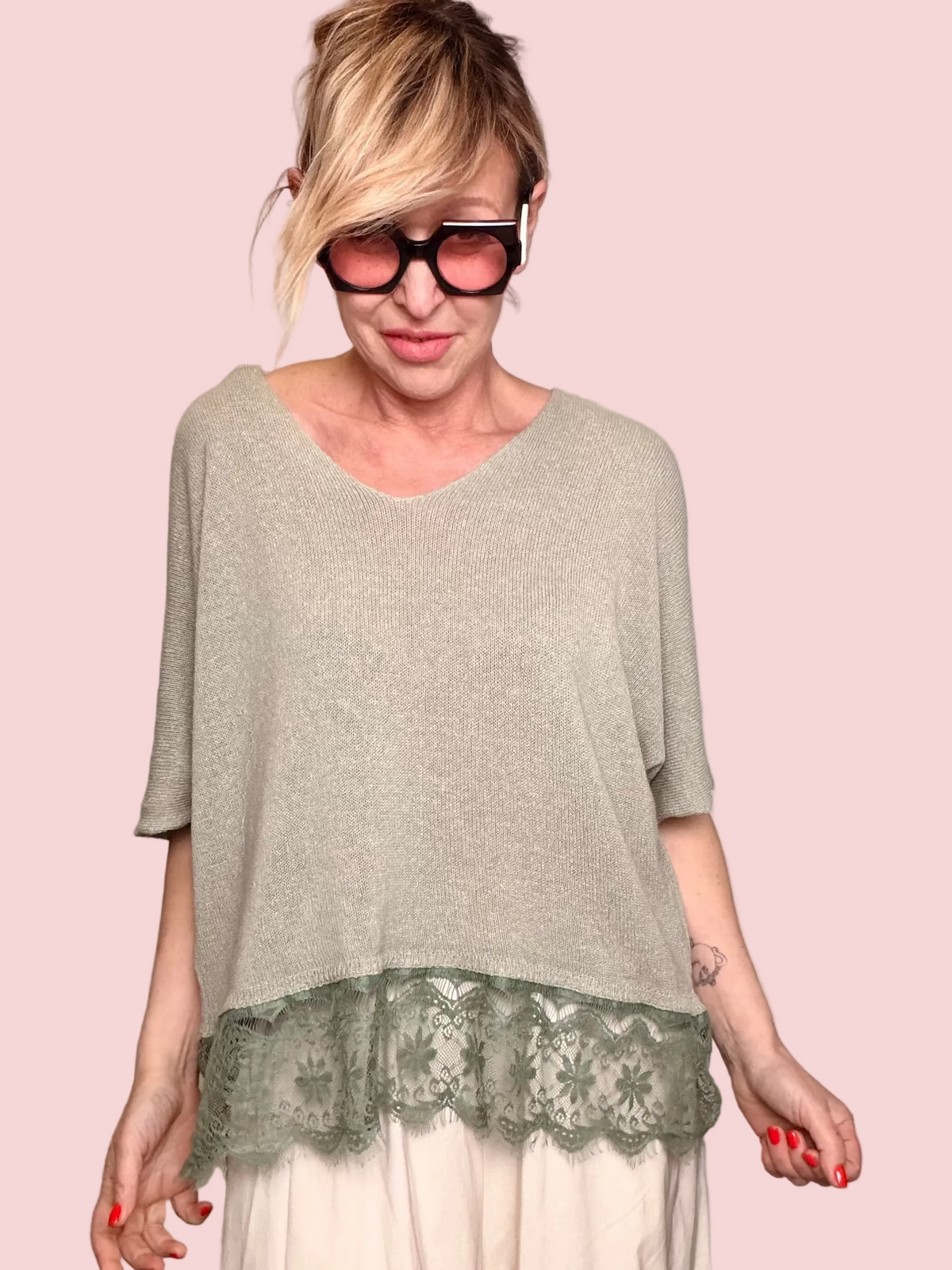 Top in Maglia Fine con Bordo in Pizzo Floreale