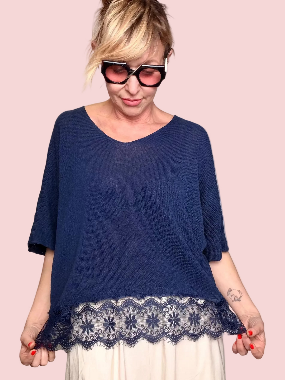 Top in Maglia Fine con Bordo in Pizzo Floreale