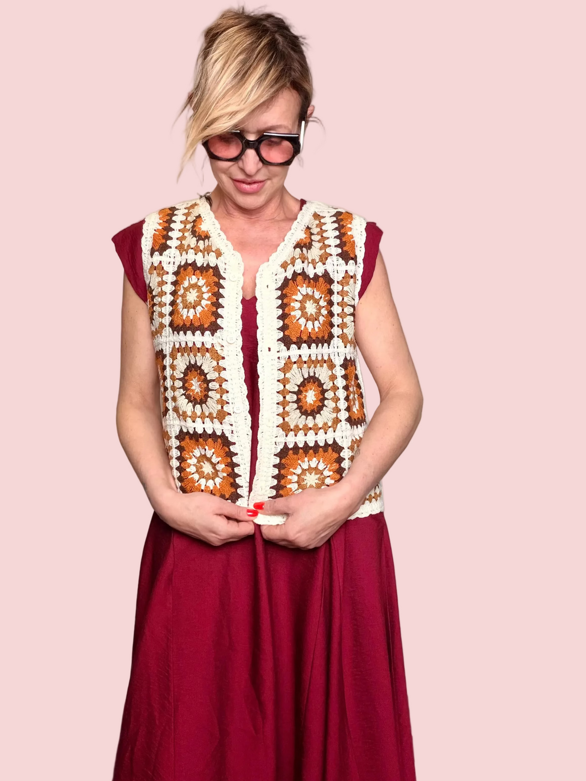 Gilet Crochet Granny Square — Terracotta / Panna