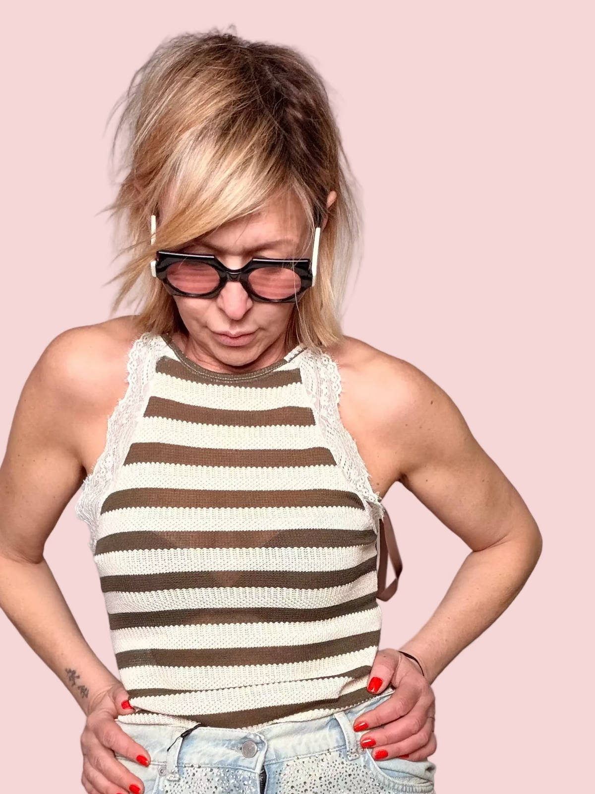 Body a Righe con Bordo in Pizzo —