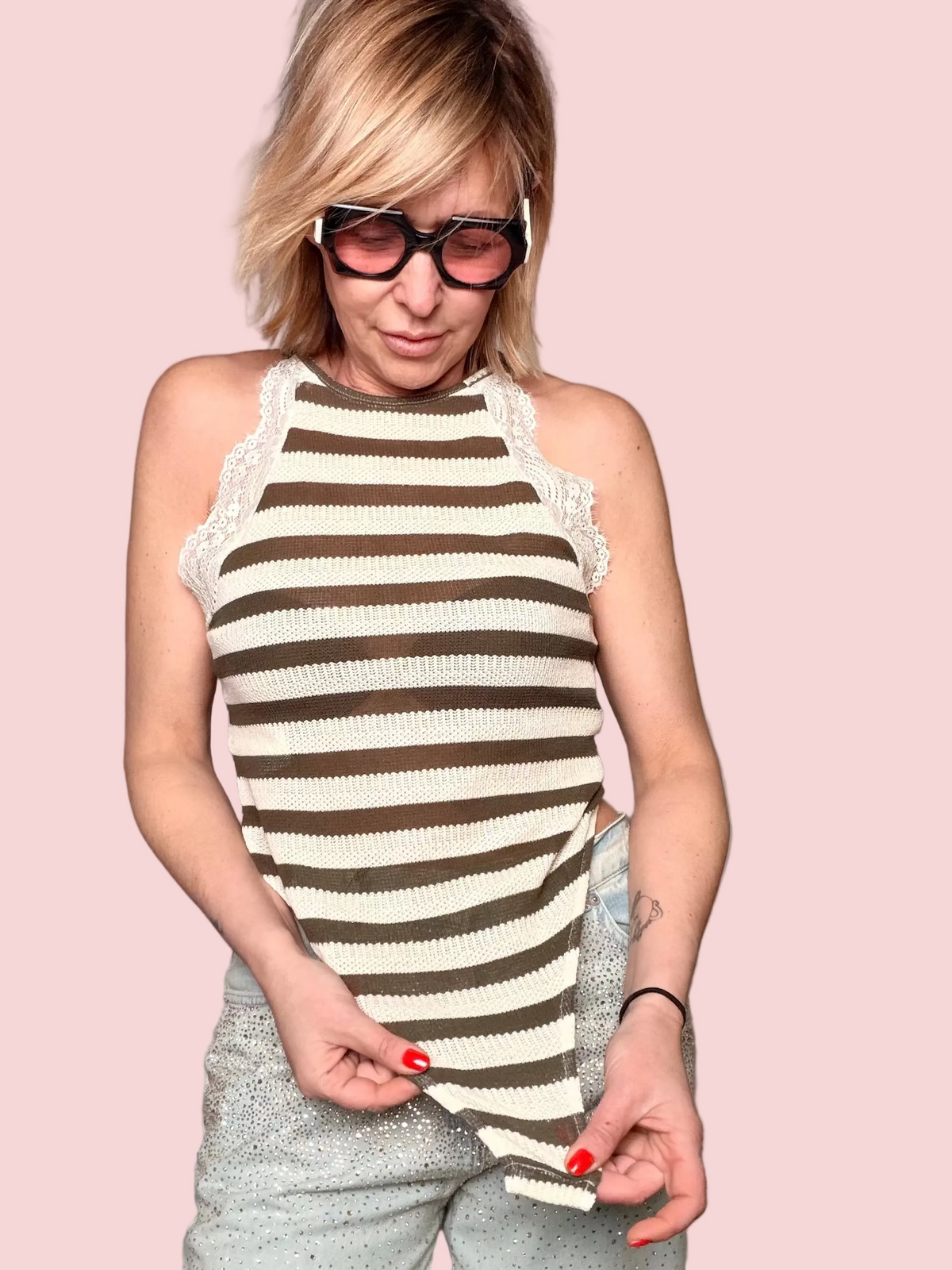 Body a Righe con Bordo in Pizzo —