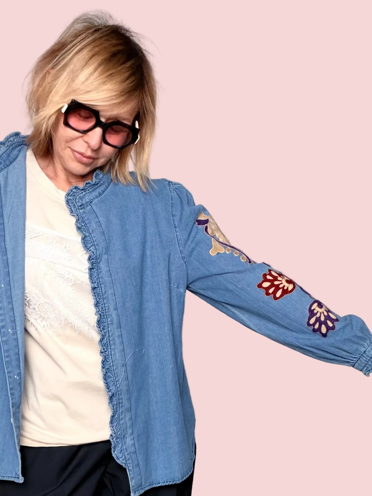 Camicia in Denim con Ricami Floreali Folk — Azzurro