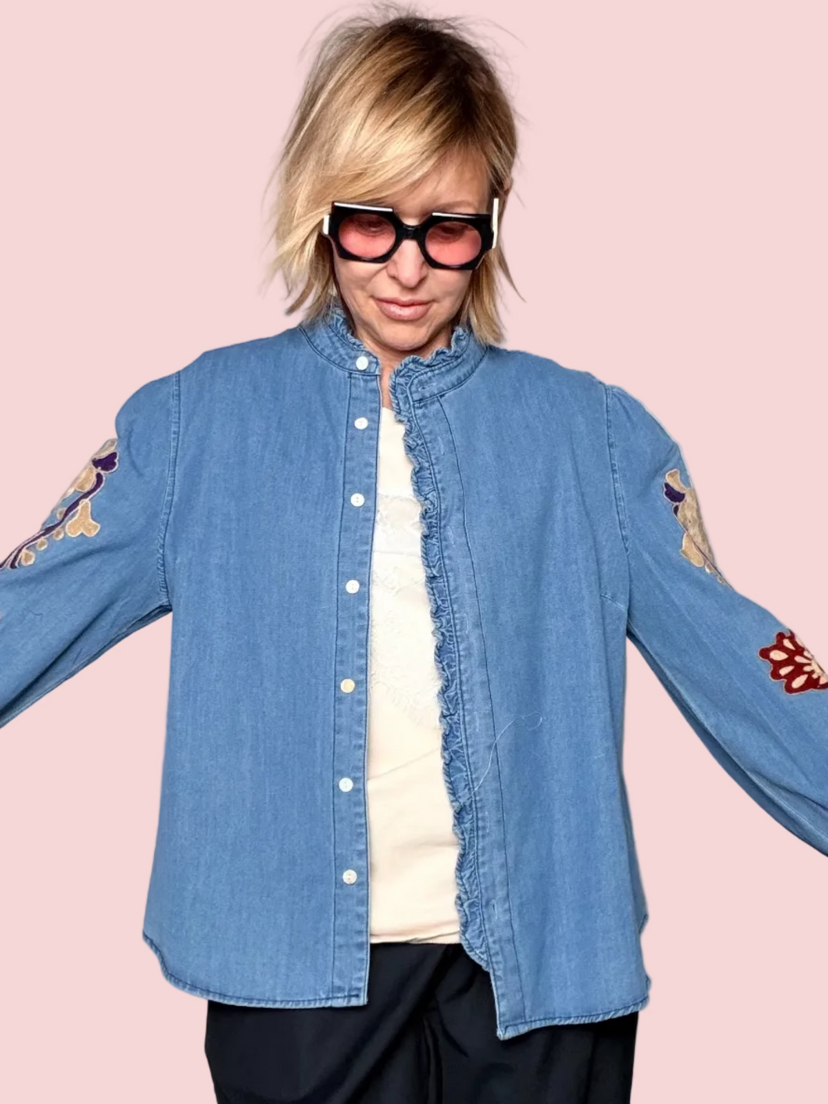 Camicia in Denim con Ricami Floreali Folk — Azzurro