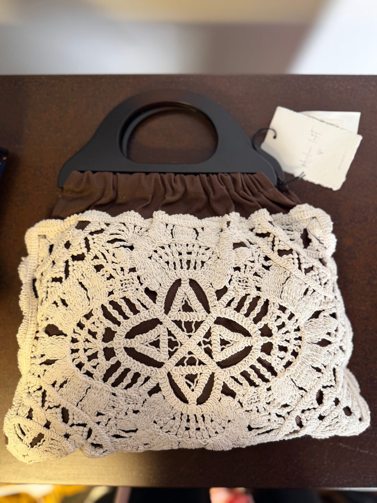 Borsa Crochet con Manici in Legno — Panna / Marrone