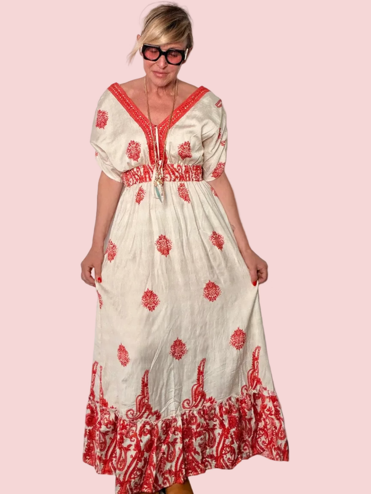 Maxi Dress Boho Block Print – Corallo / Verde